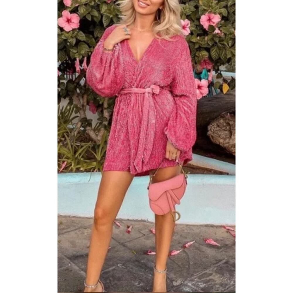 Retrofete Gabrielle Sequin Robe Wrap Dress Pink NWT L